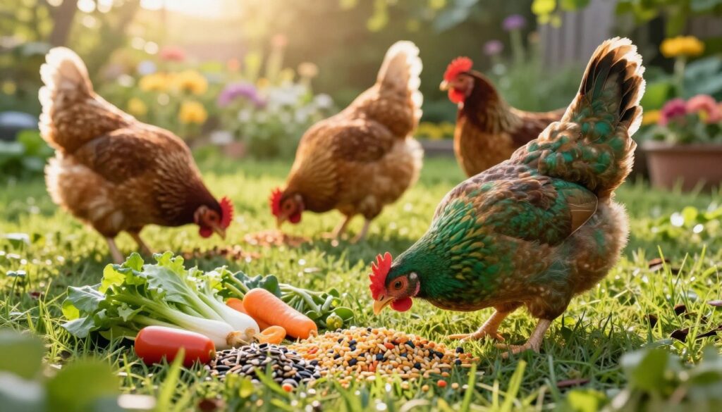 A vibrant scene featuring a balanced diet for green-legged partridge chickens set in a lush garden. In the foreground, a healthy green-legged partridge pecks at a colorful assortment of grains, seeds, and fresh vegetables arranged artistically on the ground. Bright green blades of grass surround the feed, emphasizing the natural setting. In the middle ground, a couple of other chickens graze contentedly, showcasing their rich plumage against a sunny backdrop. The background reveals a serene garden, with soft-focus flowers and plants, bathed in warm, golden sunlight. The atmosphere is vibrant and lively, conveying the essence of health and vitality in poultry. Soft shadows cast by the sunlight add depth to the scene, inviting viewers to appreciate the importance of a balanced diet for these birds.