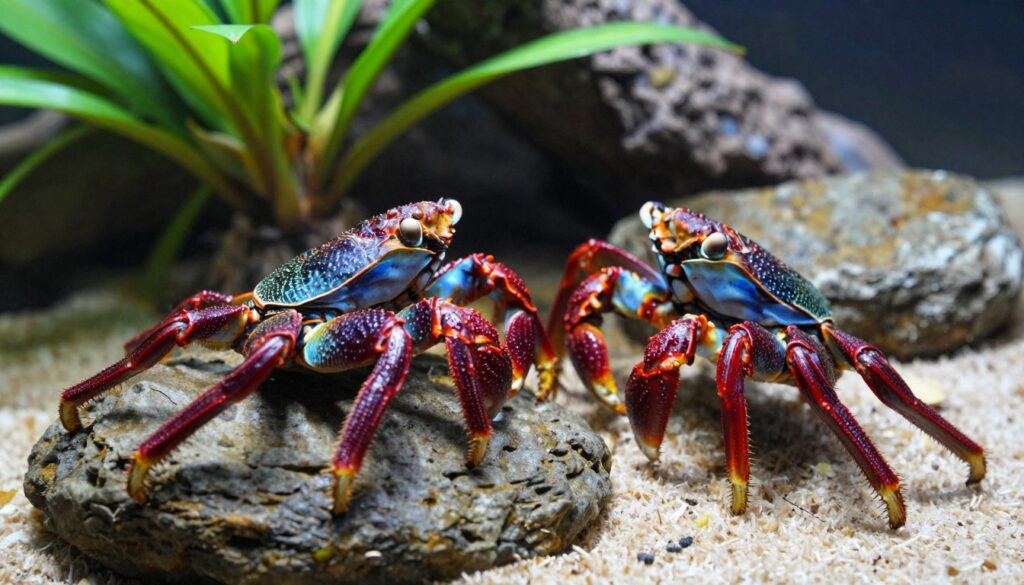 A vibrant scene of two rainbow crabs interacting within a lush, terrarium environment. In the foreground, one crab, showcasing its iridescent colors, is perched atop a smooth rock, while the other, positioned nearby, displays defensive postures as they establish territory. The background features a naturalistic setting with various plants, rocks, and soft substrate, creating a miniature ecosystem. Soft, diffused lighting enhances the crabs' colors, casting gentle shadows that emphasize their texture and details. The image is captured from a low angle to showcase both crabs and the surrounding habitat vividly, evoking a sense of dynamic interaction and natural behavior in a serene atmosphere.