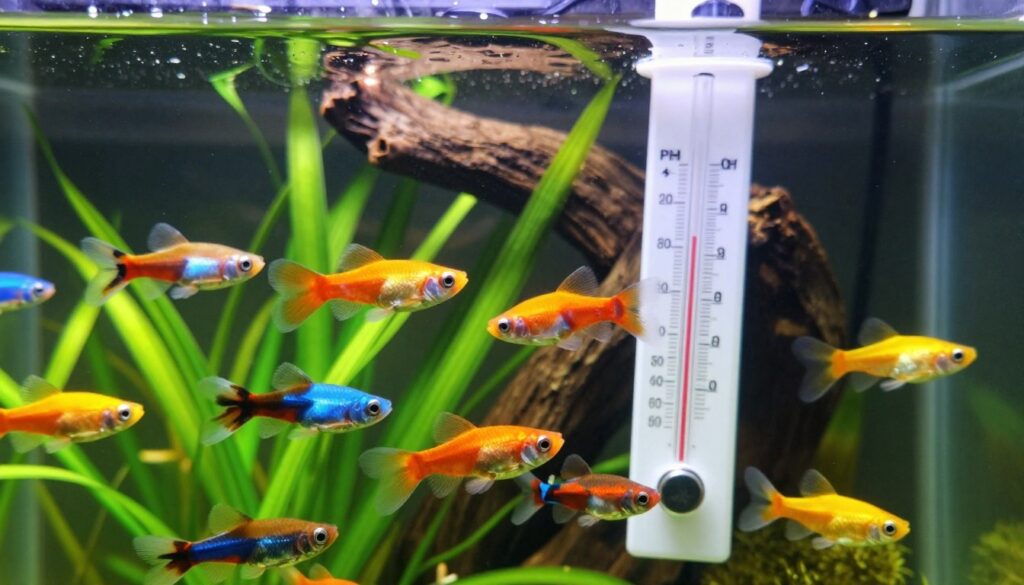 A visually striking aquarium scene showcasing key water parameters essential for guppies' health. In the foreground, several vibrant guppies swim gracefully among lush green aquatic plants, with varying colors like orange, blue, and yellow. The middle section features a water testing kit displaying clear labels for pH, ammonia, nitrite, and nitrate levels, alongside a thermometer to indicate temperature. The background includes gentle aquatic decor such as rocks and driftwood, subtly illuminated by soft, natural light that creates a tranquil atmosphere. The image should be captured from a slightly above angle, emphasizing the clarity of the water and showcasing the lively activity of the fish, evoking a sense of harmony and healthy aquatic life.