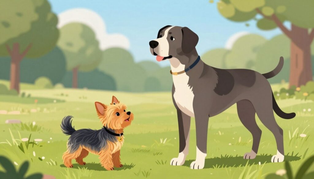 A visually striking illustration depicting the impact of dog size on lifespan. In the foreground, feature a healthy Yorkshire Terrier and a large breed dog, such as a Great Dane, side by side, showcasing their differences in size and vitality. Both dogs should be engaging with each other playfully, with their bodies in sharp focus. In the middle ground, include a gentle gradient of green grass to signify a healthy environment. The background should show a soft, blurred park setting with trees and a clear blue sky, suggesting a serene atmosphere. Use soft, natural lighting to enhance the mood, capturing warm tones that evoke feelings of joy and companionship. The composition should have a subtle depth of field, ensuring the dogs remain the prominent subjects of the image.