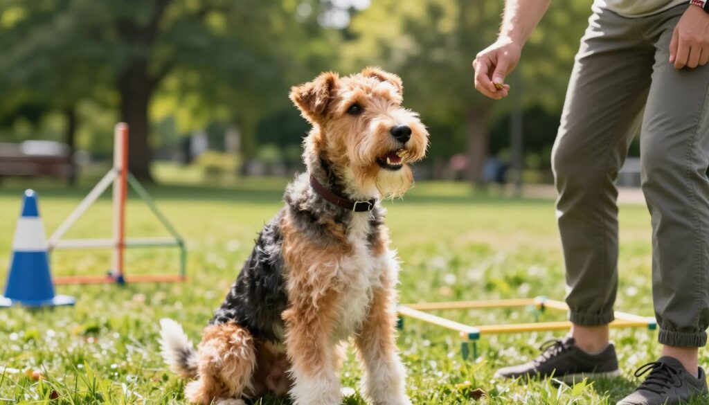 A well-trained, rough-coated Fox Terrier demonstrating obedience training in a bright, sunlit park. In the foreground, the Fox Terrier, energetic and alert, sits attentively beside a trainer dressed in casual outdoor clothing, holding a treat. The dog's wiry coat shines in the sunlight, showcasing its distinctive appearance with expressive eyes. In the middle ground, other training equipment like cones and agility obstacles can be seen, indicating an active training session. In the background, green trees and soft grass provide a vibrant, lively atmosphere, suggesting a friendly environment for learning. Soft, natural lighting enhances the sense of warmth and positivity, while the perspective captures a dynamic close-up angle, emphasizing the bond between the dog and the trainer.