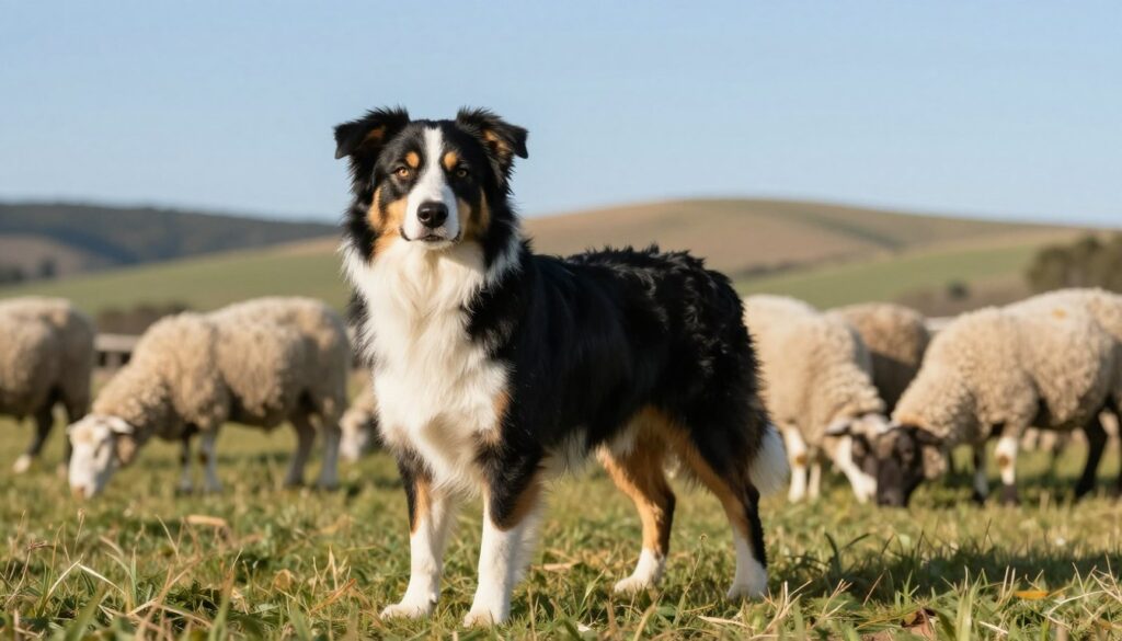 An Australian Shepherd dog stands confidently in a sunlit pasture, showcasing its herding instincts. The dog is positioned in the foreground, slightly to the left, with its alert gaze directed towards a group of sheep grazing peacefully in the middle ground. Its coat is a striking blend of black, white, and tan, glistening under natural light. The background features rolling hills and a clear blue sky, creating an inviting atmosphere of rural serenity. The scene captures the dog's energetic yet calm demeanor, embodying both its temperament and instinctual nature as a herding breed. The image is composed with a soft focus for a warm, inviting feeling, reflecting the bond between the shepherd and its environment.