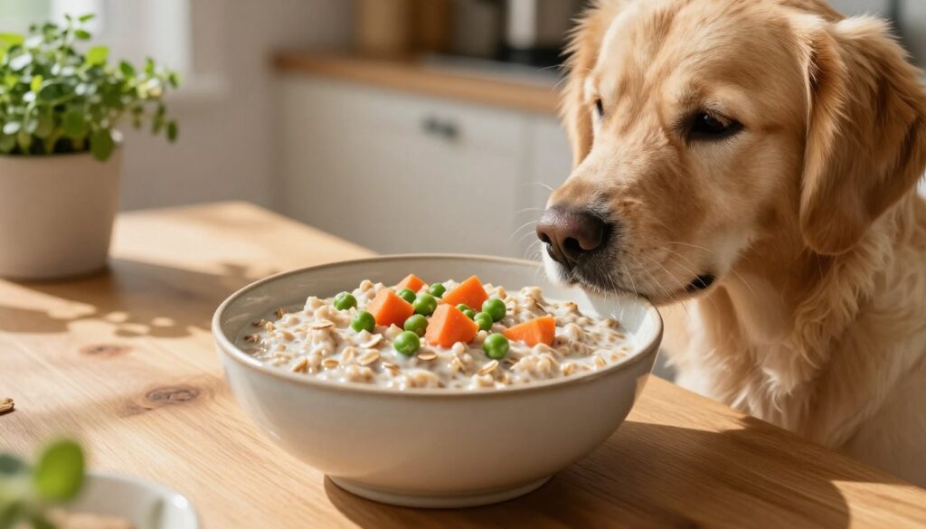 A bowl of wholesome oatmeal, specifically made for dogs with sensitive stomachs, sits invitingly on a wooden table. The bowl, made of ceramic, is filled with a warm, creamy mixture of oatmeal, and small chunks of cooked vegetables, such as carrots and peas, create a colorful contrast. In the foreground, a curious dog, a Golden Retriever, leans in, sniffing the bowl with an expression of delight. Soft, natural light filters in from the left, casting gentle shadows that enhance the textures of the food and the dog's fur. In the background, a cozy kitchen setting with warm earth tones and potted herbs creates an inviting atmosphere, emphasizing the home-cooked appeal of the meal. The mood is warm and nurturing, ideal for pet owners seeking healthy options for their furry friends.