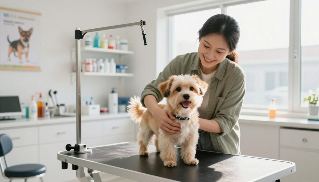 A caring dog owner, dressed in casual, modest clothing, gently holds a small, excited dog in a brightly lit veterinary clinic. The foreground focuses on the dog’s happy expression, showcasing its fluffy fur and wagging tail. In the middle, a clean, modern veterinary examination room filled with medical instruments and a comfortable examination table can be seen. The soft, natural lighting creates a warm and reassuring atmosphere, highlighting the owner's affection towards the pet. In the background, shelves with pet care supplies and posters about pet health contribute to the setting, while a large window allows sunlight to stream in, enhancing the inviting mood of preparation for the veterinary visit.