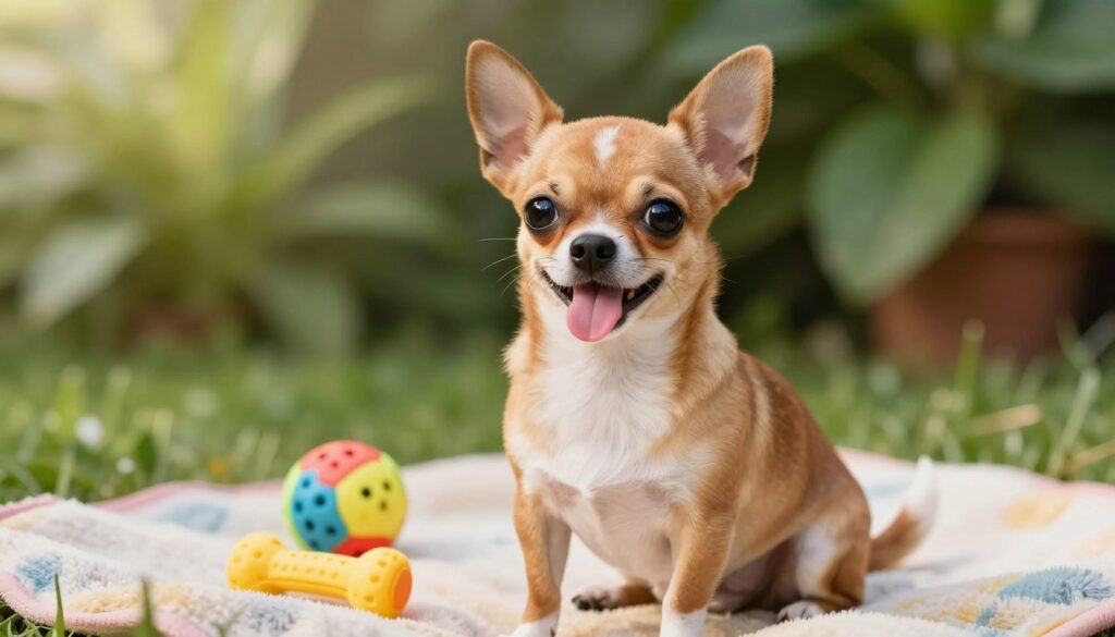 A charming Chihuahua sitting proudly on a soft, colorful blanket, showcasing its small, yet vibrant personality. The Chihuahua has big, expressive eyes and distinctive, upright ears, featuring a shiny, short coat with shades of fawn and white. In the foreground, the dog is centered, with a playful attitude, tongue out, as if enjoying a sunny day. In the middle ground, a few toys like a small ball and a chew bone add to the playful ambiance. The background is softly blurred with lush green plants and gentle sunlight filtering through, creating a warm and inviting atmosphere. The overall mood conveys joy and affection, ideal for illustrating the diminutive charm of the Chihuahua breed.