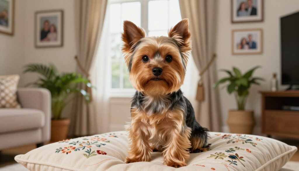 A charming Yorkshire Terrier with a glossy, silky coat, shimmering in shades of tan and black, sits gracefully on a plush, embroidered cushion in a cozy living room. In the foreground, the dog's expressive eyes gleam with intelligence and warmth, capturing its affectionate nature as a beloved family companion. The middle ground features a softly illuminated room with warm, natural lighting filtering through large windows adorned with delicate curtains. A few family photos in tasteful frames can be spotted on the walls, enhancing the homey atmosphere. In the background, a tasteful arrangement of potted plants adds a touch of greenery. The scene is serene and inviting, emphasizing the Yorkshire Terrier's elegance and charm as a perfect family pet.