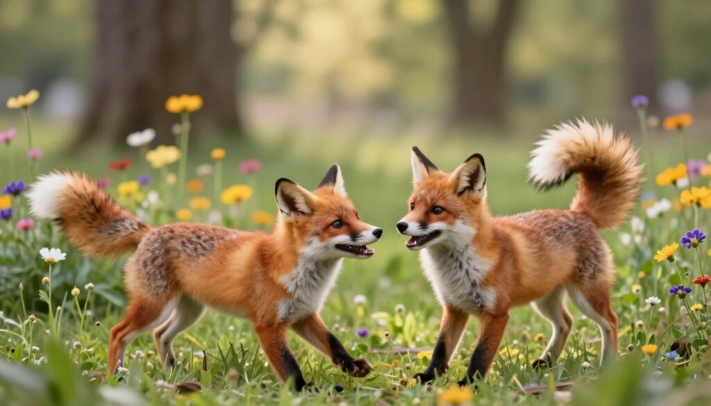 A charming scene featuring small dog breeds that resemble foxes, such as a Shiba Inu and a Finnish Spitz, playfully interacting in a lush green park. The foreground shows these dogs with their bushy tails, pointed ears, and bright, intelligent eyes, capturing their fox-like characteristics. In the middle ground, vibrant wildflowers are blooming, adding a pop of color around the dogs. The background reveals soft-focus trees and a gentle sunlight filtering through the leaves, creating a warm, inviting atmosphere. The overall mood is playful and serene, emphasizing the connection between these adorable canines and their wild counterparts. Use natural lighting to highlight their fur textures and the vivid colors of the environment.