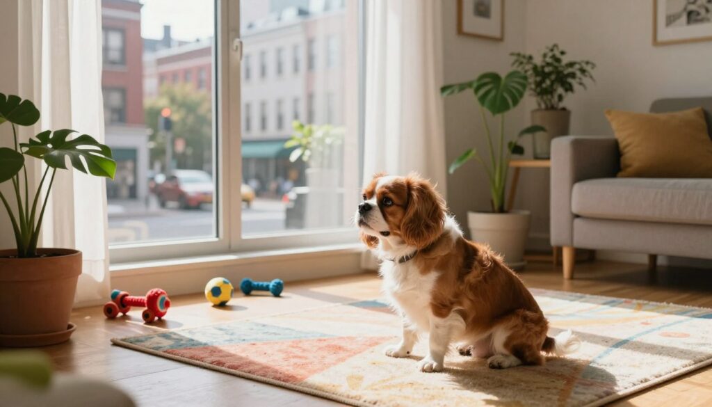 A charming urban scene set in a cozy city apartment, featuring a small dog, such as a French Bulldog or a Cavalier King Charles Spaniel, sitting comfortably on a colorful rug. In the foreground, the dog gazes contentedly out of a large window, sunlight filtering softly through sheers, casting warm, inviting shadows. The middle ground showcases a well-decorated living room with urban decor, plants in pots, and dog toys scattered around, conveying a homey atmosphere. In the background, glimpses of a vibrant city street can be seen through the window, hinting at the bustling life outside. The scene is bright, cheerful, and evokes a sense of tranquility, perfect for illustrating the joys of having a dog in an urban environment.