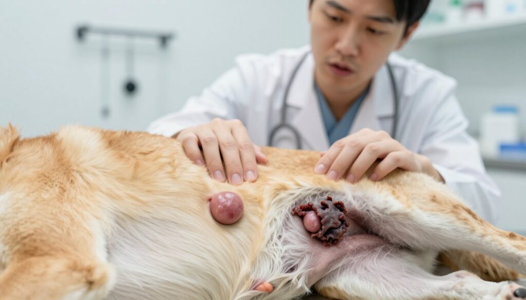 A clinical examination of a dog's mammary gland, highlighting differences between benign and malignant breast lumps. The foreground features a close-up of a dog's belly, clearly showcasing two distinct types of masses: one is a smooth, round, benign lump, and the other is an irregular, jagged malignant growth. In the middle ground, a veterinarian in professional attire is gently examining the dog, showing concern and professionalism. The background includes a clean, well-lit veterinary clinic setting with medical tools neatly arranged. Soft, diffused lighting enhances the clinical atmosphere, focusing attention on the examination. The overall mood is informative and compassionate, emphasizing the importance of veterinary care for pets with such conditions.