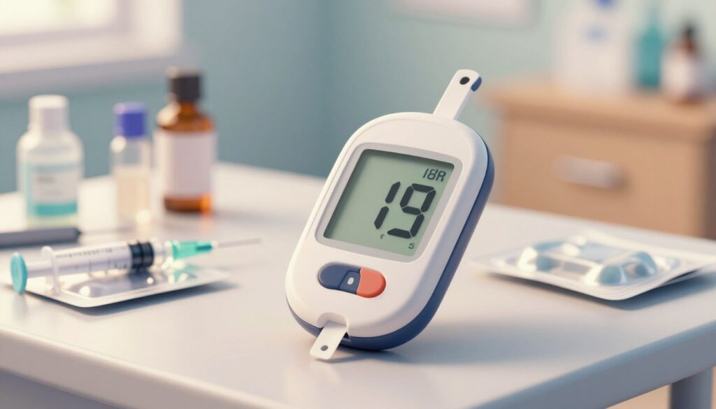 A close-up illustration depicting a blood glucose meter displaying low glucose levels, with a soft focus on the background. The meter is placed on a clean, well-lit veterinary examination table, surrounded by an array of medical supplies like syringes and glucose gel packs, signaling urgency and care. In the background, a gentle veterinary clinic ambience is visible with supportive light and soft colors, creating a calm yet serious mood. The shallow depth of field emphasizes the meter in the foreground, while the background remains slightly blurred to draw focus to the critical situation of hypoglycemia. The lighting is warm and inviting, highlighting the importance of immediate attention to the low glucose reading.