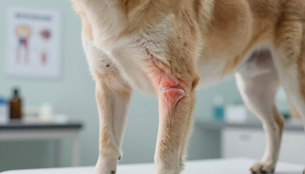 A close-up illustration of a canine knee joint showing the signs of injury, specifically focusing on key indicators like swelling and tenderness. In the foreground, depict a dog's hind leg positioned at an angle that highlights an enlarged knee and visible inflammation. In the middle ground, include subtle anatomical details, such as ligaments and tendons, slightly damaged or misaligned. The background should consist of a soft-focus veterinary clinic, with medical charts and equipment softly blurred. Use natural lighting to illuminate the dog’s leg, creating a calm yet serious atmosphere, emphasizing the theme of injury. Capture the scene from a slightly elevated angle to provide a comprehensive view of the knee joint and its condition.