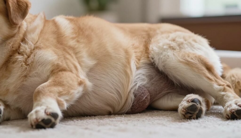 A close-up image of a dog lying comfortably on a soft, plush surface, showcasing a prominent soft lump, resembling a lipoma, beneath its fur. The focus should be on the dog's body, specifically the area where the lump is located, emphasizing the texture of the fur and the gentle contour of the lump. Soft, natural lighting illuminates the scene, creating a warm and reassuring atmosphere. The background should be slightly blurred, featuring hints of a cozy home environment, like a pet bed or familiar surroundings, to convey comfort. The dog's expression should be calm and relaxed, enhancing the overall soothing mood of the image.
