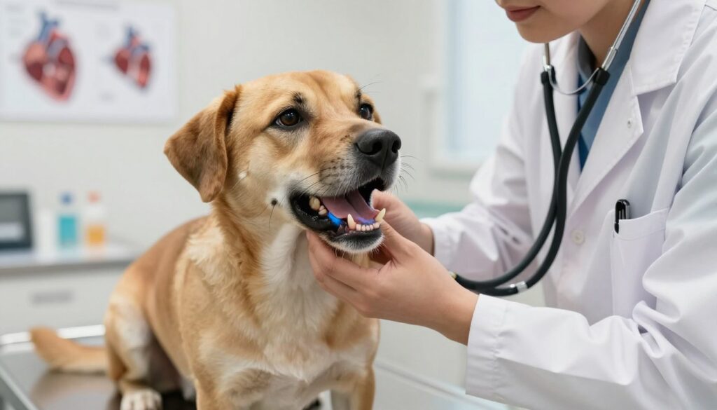 A close-up of a concerned veterinarian examining a dog's mouth, focusing on its blue-tinged gums indicative of heart disease. The dog, a medium-sized breed with a worried expression, is sitting on a glossy examination table in a well-lit clinic. In the background, softly blurred medical equipment and charts related to cardiac health can be seen. The lighting is bright yet warm, creating a reassuring atmosphere. The veterinarian, wearing a white coat, is kneeling beside the dog, gently assessing its condition with a stethoscope hanging around their neck. The scene conveys urgency and professional care, highlighting the impact of cardiac issues on the dog's oxygenation.