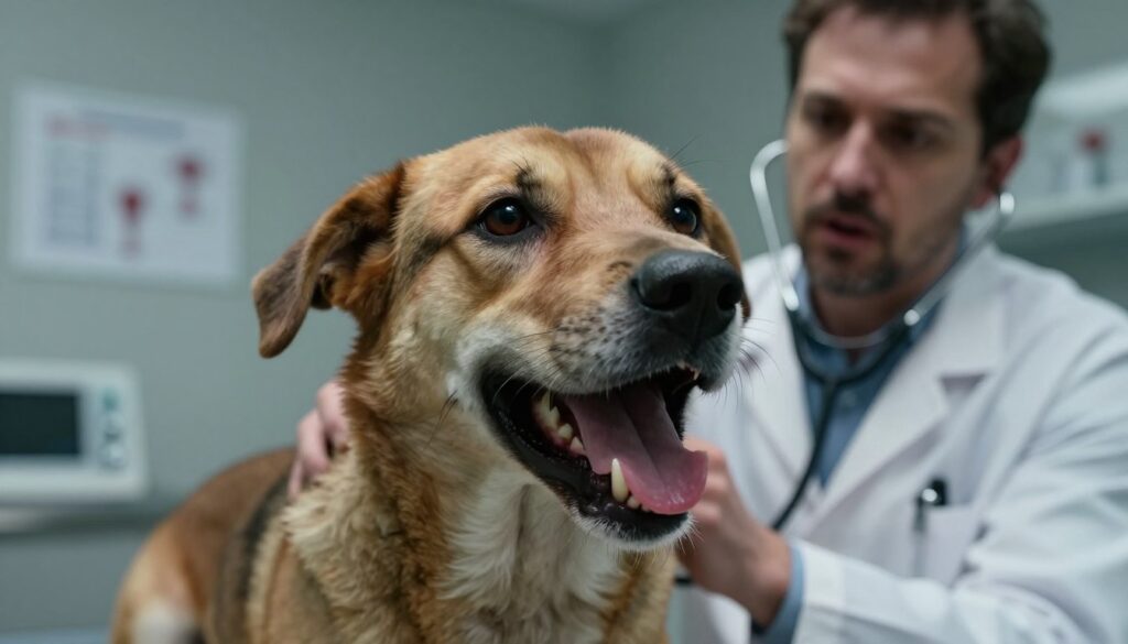 A close-up of a distressed dog showing symptoms of rabies, such as excessive drooling and aggressive behavior. The foreground captures the dog's intense gaze, highlighting its dilated pupils and bared teeth, emphasizing the neurological changes associated with the disease. In the middle ground, blurred but visible details include a concerned veterinarian wearing a white coat, examining the dog with a stethoscope, expressing urgency and care. The background features a dimly lit veterinary clinic, with medical equipment and charts on the wall, creating a somber and tense atmosphere. Soft, unnatural lighting casts shadows, enhancing the mood of seriousness around the medical situation. The composition should focus on the emotional impact of the dog's condition, drawing the viewer into this critical moment.
