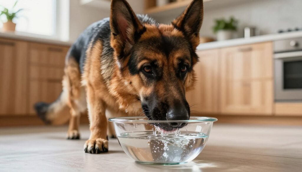 A close-up of a dog eagerly drinking from a clear bowl of fresh water, highlighting the water's reflection and ripples. The dog, a healthy and vibrant German Shepherd, showcases its shiny fur and expressive eyes, conveying both thirst and vitality. In the background, a bright, sunlit kitchen environment with wooden cabinets and houseplants creates a warm, inviting atmosphere. Natural light streams in through a nearby window, illuminating the scene with soft, diffused light. The focus is sharp on the dog and the water bowl, while the background is slightly blurred to emphasize the subject. The mood is refreshing and nurturing, encapsulating the connection between a pet's hydration and their dietary needs.