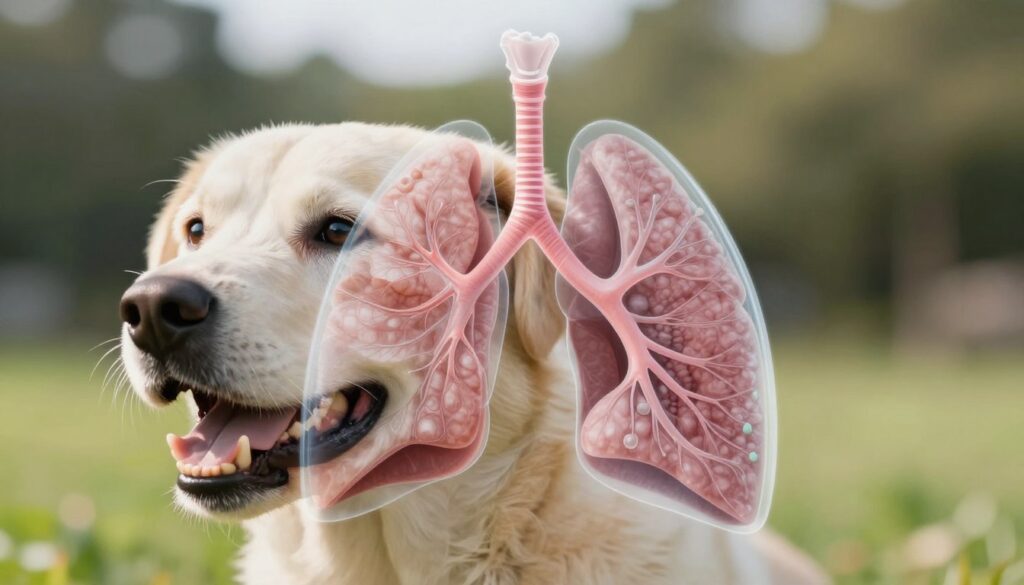 A close-up of a healthy dog, showcasing its respiratory system, depicted with transparent layers revealing the lungs and airways, emphasizing genetic traits that predispose breeds to respiratory issues. The foreground features the dog's face, with bright, clear eyes and open mouth, while the middle ground displays semi-transparent anatomical illustrations of the respiratory system, focusing on the structure and function of the lungs. The background is a soft-focus of a serene outdoor setting, suggesting the importance of fresh air. Use bright, natural lighting to create an uplifting atmosphere, captured from a slightly elevated angle to give depth to the anatomical features. The overall mood should be informative and clear, emphasizing health and awareness.