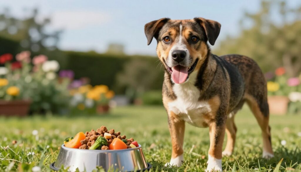 A close-up of a healthy, energetic dog with a shiny coat, showcasing its vitality and strength in a vibrant outdoor setting. In the foreground, the dog stands on a lush green lawn, displaying an alert posture, with its eyes bright and expressive. In the middle ground, a bowl of nutritious dog food, filled with colorful vegetables and high-quality protein, illustrates the importance of diet. The background features a soft-focus garden with colorful flowers and a gentle blue sky, creating a cheerful atmosphere. The lighting is warm and natural, suggesting a sunny day, enhancing the overall sense of well-being and health. The composition captures the essence of a dog enjoying life, highlighting the link between diet, preventative care, and canine health.