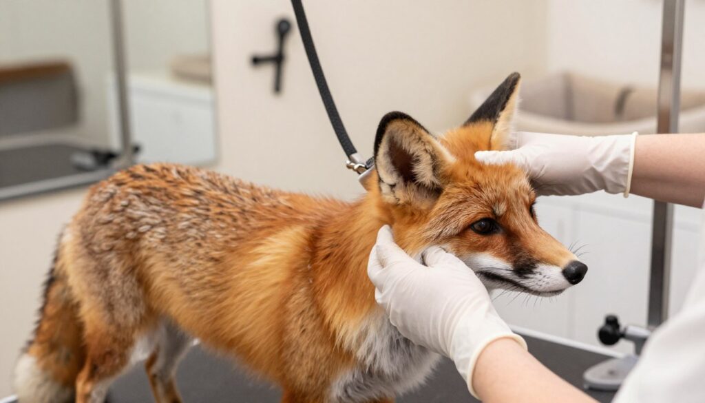 A close-up of a skilled groomer gently brushing the thick, fluffy coat of a small to medium-sized dog that resembles a fox, highlighting the rich, warm colors of the fur in shades of red and cream. The groomer's hands are shown in professional service gloves, emphasizing a sense of care and attention to detail. In the background, a softly lit grooming salon with light tones creates a serene atmosphere, adorned with grooming tools and plush dog beds. The lens captures the moment from a slightly elevated angle, allowing the viewer to appreciate the texture of the fur being groomed while soft, natural light enhances the warmth and depth of the scene, creating an inviting and professional ambiance.