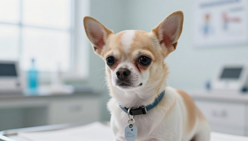A close-up of a small dog, specifically a miniature breed like a Chihuahua or Toy Poodle, showcasing symptoms of tracheal collapse. The dog appears slightly anxious, with a focused expression, sitting on a vet's examination table. In the foreground, the dog’s collar with an ID tag is visible. The middle ground features a soft, unfocused background of a modern veterinary clinic, with medical equipment and charts barely discernible. Natural light filters in through a window, casting a gentle glow, enhancing the seriousness of the dog's condition. The mood conveys concern and professionalism, emphasizing the importance of veterinary care for respiratory issues. The image should be bright and clear, portraying the dog’s health predicament without any distractions or additional elements.