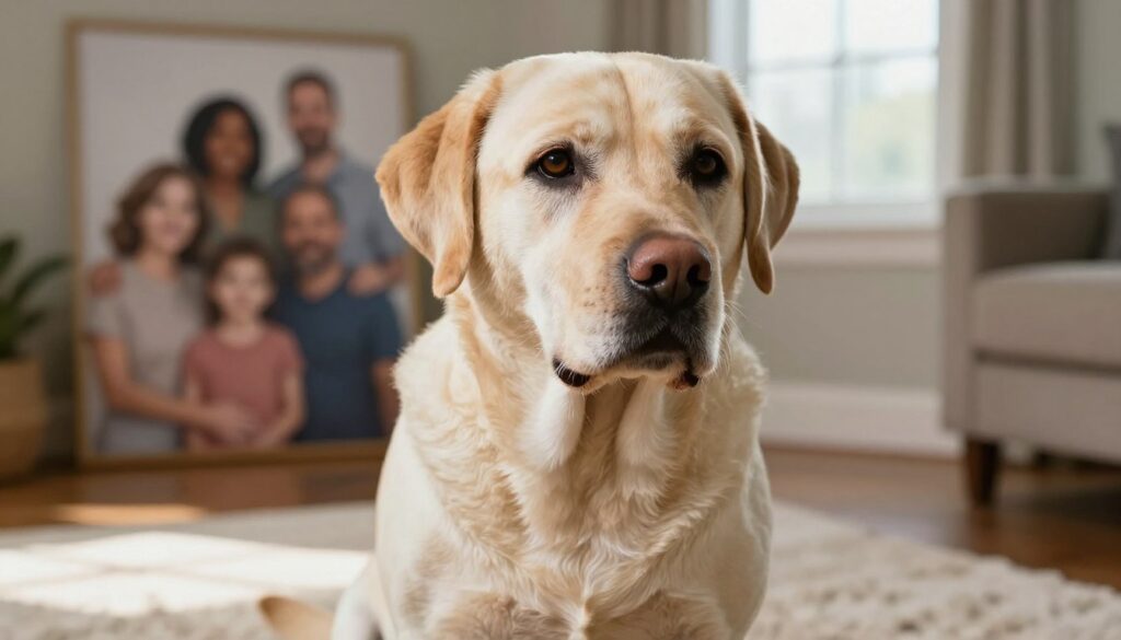 A close-up of an older dog, a Labrador Retriever, exhibiting symptoms of Cushing’s disease, such as a round face, thinning fur, and a slightly swollen abdomen. The dog is sitting on a soft, plush rug in a warmly lit living room, with light streaming in through a window, creating a cozy atmosphere. In the background, a family portrait of a diverse family can be seen on the wall, symbolizing the bond between pets and their owners. The dog's eyes should convey a gentle yet concerned expression, highlighting the impact of the illness. The focus should be on the dog with a shallow depth of field to gently blur the background, enhancing the emotional connection in the image.