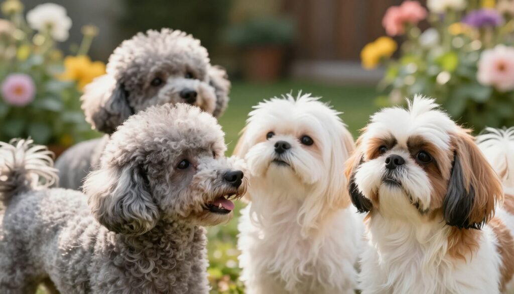 A close-up portrait of various dog breeds known for having hair instead of fur, such as Poodles, Maltese, and Shih Tzus. The foreground features a Poodle with elegantly styled, fluffy hair, alongside a Maltese with a long, flowing coat, and a Shih Tzu displaying its luxurious, silky fur. In the middle ground, they are playfully interacting with each other, showcasing their friendly temperament. The background includes a soft-focus garden setting with blooming flowers, adding a vibrant atmosphere. Natural sunlight filters through the leaves, creating warm highlights on the dogs' coats. The overall mood is joyful and inviting, capturing the essence of these hypoallergenic breeds in a serene environment. A close-up portrait of various dog breeds known for having hair instead of fur, such as Poodles, Maltese, and Shih Tzus. The foreground features a Poodle with elegantly styled, fluffy hair, alongside a Maltese with a long, flowing coat, and a Shih Tzu displaying its luxurious, silky fur. In the middle ground, they are playfully interacting with each other, showcasing their friendly temperament. The background includes a soft-focus garden setting with blooming flowers, adding a vibrant atmosphere. Natural sunlight filters through the leaves, creating warm highlights on the dogs' coats. The overall mood is joyful and inviting, capturing the essence of these hypoallergenic breeds in a serene environment.