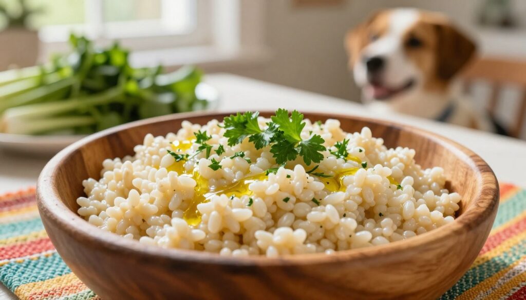A close-up view of a beautifully arranged dish of kasza jaglana (millet) prominently displayed in a rustic wooden bowl, set on a vibrant, textured tablecloth. The kasza is fluffy and perfectly cooked, garnished with a sprinkle of fresh herbs like parsley and a drizzle of olive oil, giving it a glossy appearance. In the background, blurred green vegetables and a soft-focus image of a cheerful, well-fed dog enjoying a healthy meal add warmth and context, suggesting a suitable addition to a pet's diet. The lighting is soft and natural, with warm sunlight streaming in from a nearby window, creating a cozy, inviting atmosphere. The depth of field focuses sharply on the dish, while the background remains inviting yet gentle, capturing the essence of a wholesome, nutritious meal.