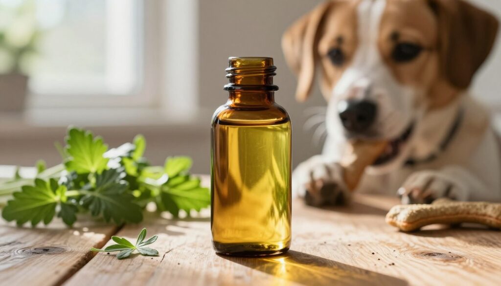 A close-up view of a bottle of salmon oil on a rustic wooden table, surrounded by vibrant green herbs and dog treats. The bottle is crafted from dark glass, reflecting natural light that glistens softly off the surface, emphasizing the golden hue of the oil inside. In the background, slightly out of focus, a playful dog is seen enjoying a treat, exuding a sense of health and vitality. Soft, warm sunlight filters through a window, casting gentle highlights and shadows that create an inviting, wholesome atmosphere. The overall mood is cheerful and caring, reflecting the importance of nutrition and wellness for pets, particularly their coat and skin health.