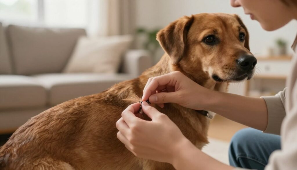 A close-up view of a dog being carefully inspected for fleas in a well-lit living room setting. In the foreground, a focused pet owner, dressed in casual attire, gently parts the dog's fur with their fingers, revealing the textured coat and skin underneath. The middle ground features the dog, a medium-sized breed with a shiny coat, appearing calm and relaxed. In the background, soft, warm lighting filters through a window, casting an inviting glow that enhances the homely atmosphere. The scene conveys a sense of care and attention, emphasizing the importance of regular inspections for fleas in pets, all while avoiding any distractions or extraneous elements. A close-up view of a dog being carefully inspected for fleas in a well-lit living room setting. In the foreground, a focused pet owner, dressed in casual attire, gently parts the dog's fur with their fingers, revealing the textured coat and skin underneath. The middle ground features the dog, a medium-sized breed with a shiny coat, appearing calm and relaxed. In the background, soft, warm lighting filters through a window, casting an inviting glow that enhances the homely atmosphere. The scene conveys a sense of care and attention, emphasizing the importance of regular inspections for fleas in pets, all while avoiding any distractions or extraneous elements.