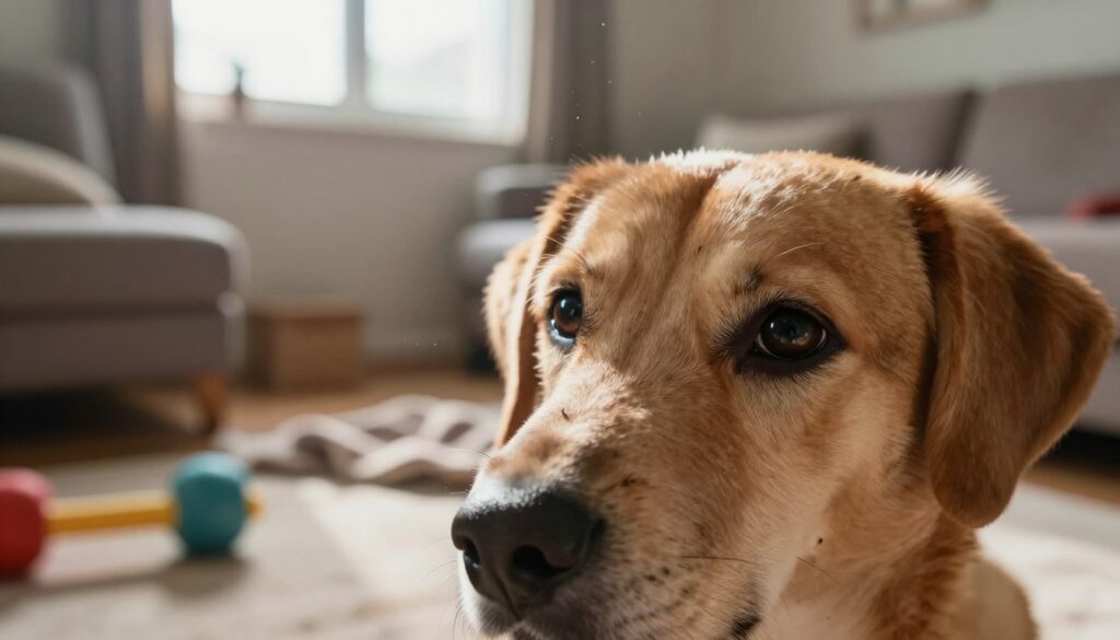 A close-up view of a dog in a living room setting, focused on the dog's fur revealing small, hidden fleas. In the foreground, the dog's expressive eyes convey concern and discomfort. The middle ground shows scattered pet toys and a cozy blanket, hinting at a pet-friendly environment. In the background, a sunlit window casts warm light, illuminating dust particles floating in the air, symbolizing the unseen presence of parasites. The atmosphere is slightly tense, reflecting the struggle against parasites. Use soft, natural lighting to enhance the cozy yet urgent feeling. The lens should be slightly blurred in the background to emphasize the foreground subject, creating a candid and informative tone. A close-up view of a dog in a living room setting, focused on the dog's fur revealing small, hidden fleas. In the foreground, the dog's expressive eyes convey concern and discomfort. The middle ground shows scattered pet toys and a cozy blanket, hinting at a pet-friendly environment. In the background, a sunlit window casts warm light, illuminating dust particles floating in the air, symbolizing the unseen presence of parasites. The atmosphere is slightly tense, reflecting the struggle against parasites. Use soft, natural lighting to enhance the cozy yet urgent feeling. The lens should be slightly blurred in the background to emphasize the foreground subject, creating a candid and informative tone.