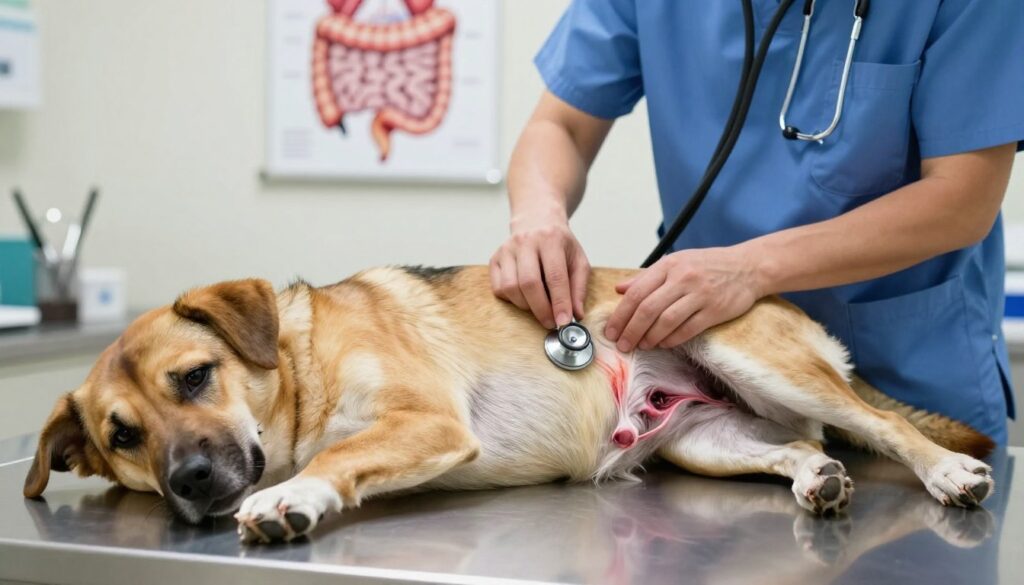 A close-up view of a dog with a visible abdomen, illustrating the concept of a hiatal hernia. The dog, a medium-sized breed with a calm expression, is lying on a veterinary examination table. The veterinarian is gently palpating the dog's stomach, wearing professional scrubs and using a stethoscope. The scene is well-lit with soft, natural lighting, enhancing the focused atmosphere of a clinical setting. In the background, there are medical instruments and a poster illustrating the anatomy of a dog's digestive system, adding context to the image. The mood is serious yet caring, emphasizing the importance of recognizing health issues in pets, particularly related to gastroesophageal problems.