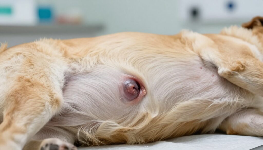 A close-up view of a dog's abdomen highlighting an umbilical hernia, with the dog's skin slightly swollen and the underlying tissue visible. The foreground should focus on the hernia itself, showcasing the round bulge near the navel area with detailed textures of the fur around it. In the middle ground, include the dog's fur in a soft, natural color, showing a relaxed body posture, possibly lying on a soft surface like a veterinary examination table. The background should be a softly blurred veterinary clinic setting, with gentle lighting to create an empathetic atmosphere. Use a slight angle to enhance depth, emphasizing the shape and position of the hernia. The mood should be informative yet reassuring, aimed at helping pet owners recognize symptoms of potential health issues in their dogs. A close-up view of a dog's abdomen highlighting an umbilical hernia, with the dog's skin slightly swollen and the underlying tissue visible. The foreground should focus on the hernia itself, showcasing the round bulge near the navel area with detailed textures of the fur around it. In the middle ground, include the dog's fur in a soft, natural color, showing a relaxed body posture, possibly lying on a soft surface like a veterinary examination table. The background should be a softly blurred veterinary clinic setting, with gentle lighting to create an empathetic atmosphere. Use a slight angle to enhance depth, emphasizing the shape and position of the hernia. The mood should be informative yet reassuring, aimed at helping pet owners recognize symptoms of potential health issues in their dogs.
