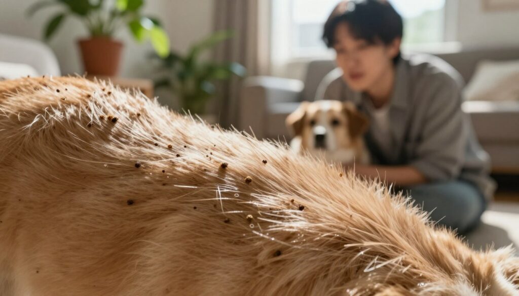 A close-up view of a dog's coat, showcasing specific proteins and allergens on individual strands of fur. The foreground features a detailed texture of the fur, glistening under soft, natural sunlight, highlighting the microscopic particles representing allergens. In the middle ground, a gentle zoom reveals a pet owner observing their dog with a thoughtful expression, dressed in casual, modest clothing, emphasizing a relatable connection. The background is softly blurred, depicting a cozy living room setting filled with plants and sunlight filtering through a window, creating a warm and inviting atmosphere. The image conveys curiosity and education about pet allergies, focusing on the intricate relationship between dogs and their owners, hinting at the complexity of allergens without being overwhelming.