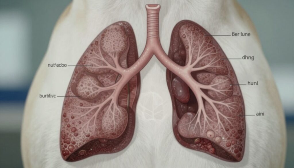 A close-up view of a dog's lungs in a medical layman style, illustrating the internal structure and highlighting the signs of potential health issues like tumors. In the foreground, focus on a detailed illustration of the lung anatomy, showing the bronchi and alveoli, with a slight emphasis on any anomalies. The middle ground should feature subtle anatomical markers indicating symptoms such as coughing or decreased lung function, while ensuring the overall image maintains a scientific and informative essence. In the background, use soft, diffused lighting to create a somber yet educational atmosphere. The angle should be slightly tilted to provide depth, capturing the essence of veterinary challenges in managing a dog with cancer. The overall mood should convey concern but also the importance of awareness and education. A close-up view of a dog's lungs in a medical layman style, illustrating the internal structure and highlighting the signs of potential health issues like tumors. In the foreground, focus on a detailed illustration of the lung anatomy, showing the bronchi and alveoli, with a slight emphasis on any anomalies. The middle ground should feature subtle anatomical markers indicating symptoms such as coughing or decreased lung function, while ensuring the overall image maintains a scientific and informative essence. In the background, use soft, diffused lighting to create a somber yet educational atmosphere. The angle should be slightly tilted to provide depth, capturing the essence of veterinary challenges in managing a dog with cancer. The overall mood should convey concern but also the importance of awareness and education.