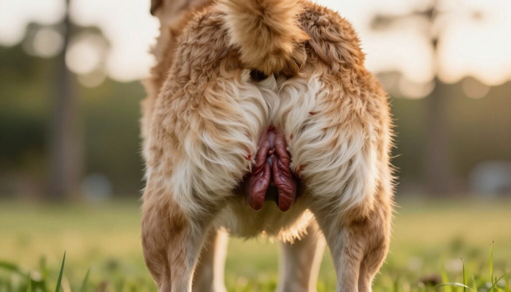 A close-up view of a dog's rear end positioned in a natural setting, highlighting signs of rectal issues. The dog's fur is light brown, and the skin around the anus appears slightly swollen, indicating discomfort. Vivid details showcase subtle signs of bleeding and small protrusions, emphasizing a serious health concern. In the foreground, include a subtle hint of grass and a blurred background with soft-focus trees, creating a peaceful, serene atmosphere. The lighting is warm and natural, simulating the gentle glow of late afternoon sun, which adds a calming effect to the image. The angle is slightly from above to capture the dog's form and the surrounding environment, evoking concern yet maintaining a professional tone suitable for a veterinary article.