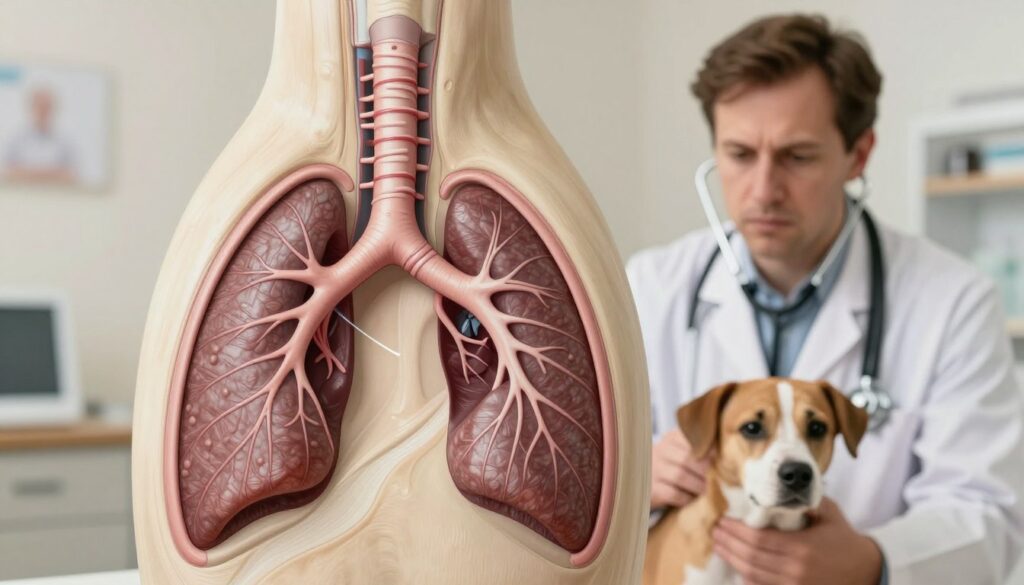 A close-up view of a dog's respiratory system, specifically focusing on the trachea and bronchi. The foreground features a detailed anatomical illustration of these structures in a realistic style, highlighting textures and colors that depict health and vitality. The middle ground includes a concerned veterinarian examining a dog, wearing professional attire, with a stethoscope around their neck, looking thoughtfully at the dog’s chest. The background is softly blurred to emphasize the examination process, featuring a veterinary clinic's interior with warm, diffused lighting that creates a calm and inviting atmosphere. The image conveys a sense of urgency and care in diagnosing respiratory issues.