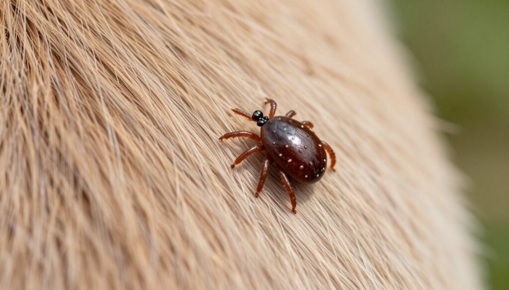 A close-up view of a dog's skin, showcasing a tick embedded in the fur, demonstrating its distinct shape and textured surface. The tick is dark brown with a glossy sheen, contrasting with the light-colored fur around it. Soft, natural lighting illuminates the area, highlighting the details of the fur and the tick. The image focuses on the tick in the foreground, with a blurred background of greenery, evoking a sense of the outdoors. The mood is educational and informative, ideal for identifying the tick easily. The angle is slightly tilted to create depth, inviting viewers to closely inspect the tick as it appears on the dog's skin.