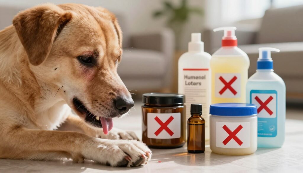 A close-up view of a dog's skin with various common harmful substances displayed around it. In the foreground, a distressed dog with a visibly irritated skin area, scratching with its paw. In the middle ground, jars and containers labeled with items like essential oils, human lotions, and cleaning products, all marked with red crosses to indicate their inappropriateness for canine use. The background is softly blurred, featuring a cozy home environment, creating a contrast between safety and danger. The lighting is warm and natural, illuminating the dog's fur and the harmful products. The overall atmosphere is one of concern, emphasizing the importance of pet safety.