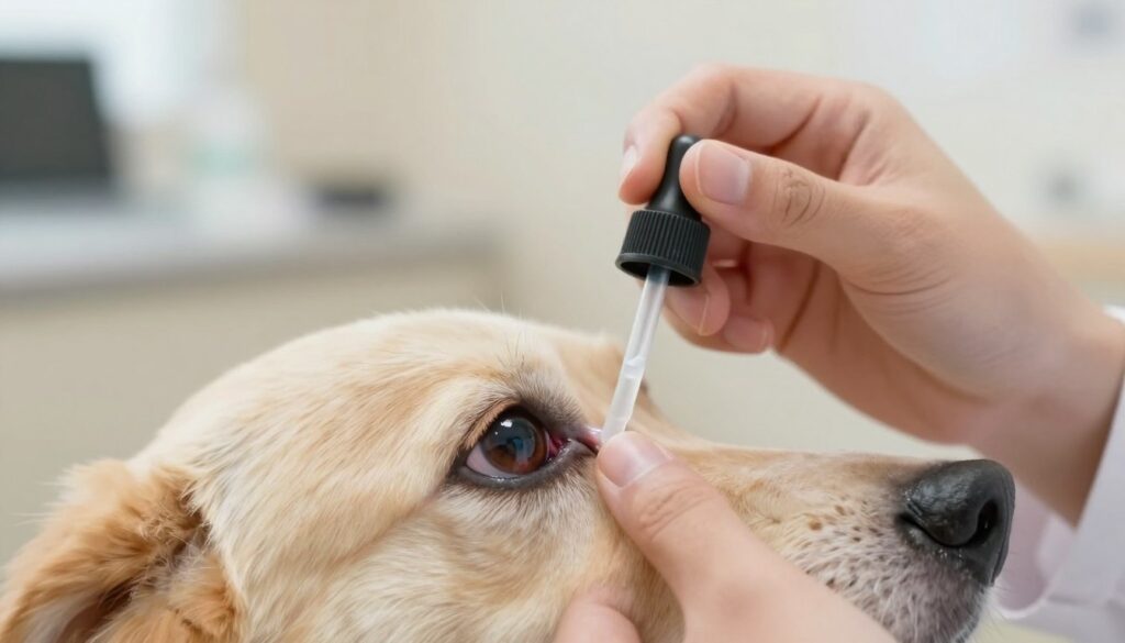 A close-up view of a medical professional examining a dog's eye, focusing on the intricate details of the eye structure and the fluid drainage process. The foreground features the dog's eye with a slight sheen, revealing a hint of redness. The middle ground includes the veterinarian's hands holding an eye dropper, poised to dispense drops, surrounded by medical instruments like a tonometer. The background consists of a softly blurred veterinary clinic, with warm, natural lighting illuminating the scene to create a calm and focused atmosphere. Use a shallow depth of field to emphasize the eye and the action of administering treatment, conveying a sense of urgency and care in the context of lowering intraocular pressure. A close-up view of a medical professional examining a dog's eye, focusing on the intricate details of the eye structure and the fluid drainage process. The foreground features the dog's eye with a slight sheen, revealing a hint of redness. The middle ground includes the veterinarian's hands holding an eye dropper, poised to dispense drops, surrounded by medical instruments like a tonometer. The background consists of a softly blurred veterinary clinic, with warm, natural lighting illuminating the scene to create a calm and focused atmosphere. Use a shallow depth of field to emphasize the eye and the action of administering treatment, conveying a sense of urgency and care in the context of lowering intraocular pressure.