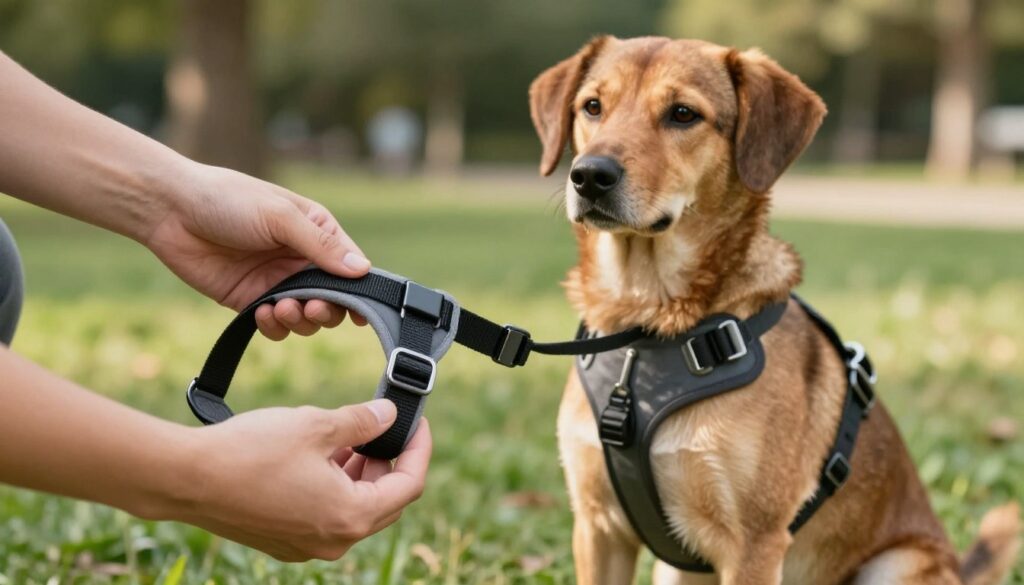 A close-up view of a person inspecting a dog harness. The foreground features a hand gently holding the harness, showcasing its adjustable straps and durable clips. In the middle, a well-groomed medium-sized dog sits calmly, wearing a properly fitted harness, with its fur glistening under soft daylight. The background is a serene outdoor setting, perhaps a park with blurred green grass and trees that create a calming atmosphere. The lighting is warm and natural, enhancing the details of the harness and the dog's fur. The image captures a sense of care and attention to detail, illustrating the importance of regular checks for safety and comfort.
