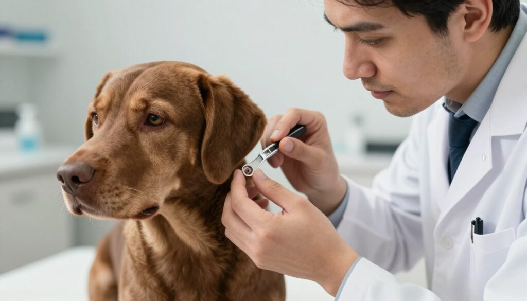 A close-up view of a veterinarian's hand carefully removing a tick from a dog's skin using a tick removal tool. The scene captures the focused expression on the vet's face, dressed in a professional white lab coat, showcasing attention to detail and care. The dog, a medium-sized brown Labrador, appears calm and trusting, sitting on a clean examination table with a veterinary clinic background, softly blurred to emphasize the interaction. Soft, natural lighting illuminates the scene, highlighting the textures of the dog's fur and the precision of the tool. The mood is informative and reassuring, reflecting the importance of safe tick removal steps in pet care.