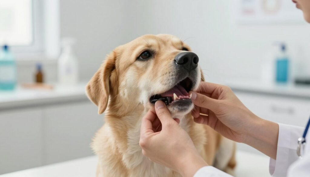 A close-up view of a veterinarian's hands gently examining the anal gland area of a dog, focusing on the expression of the dog which conveys discomfort and concern. The background features a clean and well-lit veterinary clinic with medical tools subtly arranged on a neat countertop, providing a professional atmosphere. Soft, natural light filters through the windows, creating a warm and reassuring environment. The lens is set for a shallow depth of field to keep attention on the interaction between the veterinarian and the dog while softly blurring the background. The image captures the moment of examining, conveying compassion and care towards the canine patient, illustrating the importance of understanding anal gland issues in pets.