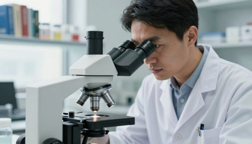 A close-up view of a veterinary professional examining a pet skin sample under a microscope in a well-lit laboratory setting. The foreground features a sleek, modern microscope with detailed optics highlighted by soft, diffused light, showcasing the complexity of the lens and mirrors. In the middle ground, the technician, dressed in a white lab coat, peers intently through the microscope, their expression focused and diligent, conveying a sense of professionalism and care. The background includes shelves filled with veterinary books and sample jars, creating a clinical environment. Gentle natural light streams in from a laboratory window, enhancing the sterile and focused atmosphere of the scene. The image should evoke a mood of serious investigation, emphasizing the importance of diagnostics in veterinary care.