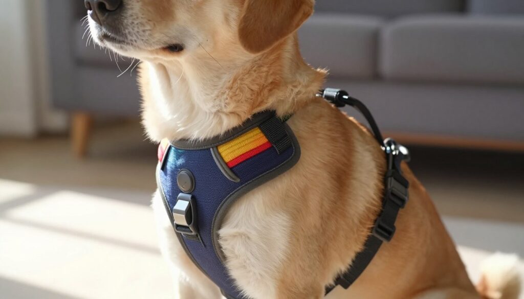 A close-up view of a well-fitted dog harness on a dog's chest, showcasing the design and fit around the dog's neck and shoulders. The foreground includes the harness adorned with vibrant colors and textures, highlighting straps and buckles against a fluffy dog coat. The middle ground features the dog's attentive expression, emphasizing comfort and ease of movement. The background is softly blurred, suggesting a cozy home environment with muted colors, enhancing focus on the harness. Bright, natural lighting flows in from the left, casting gentle shadows that add depth. The mood is calm, illustrating the importance of a well-fitted harness for dogs, embodying trust and safety.
