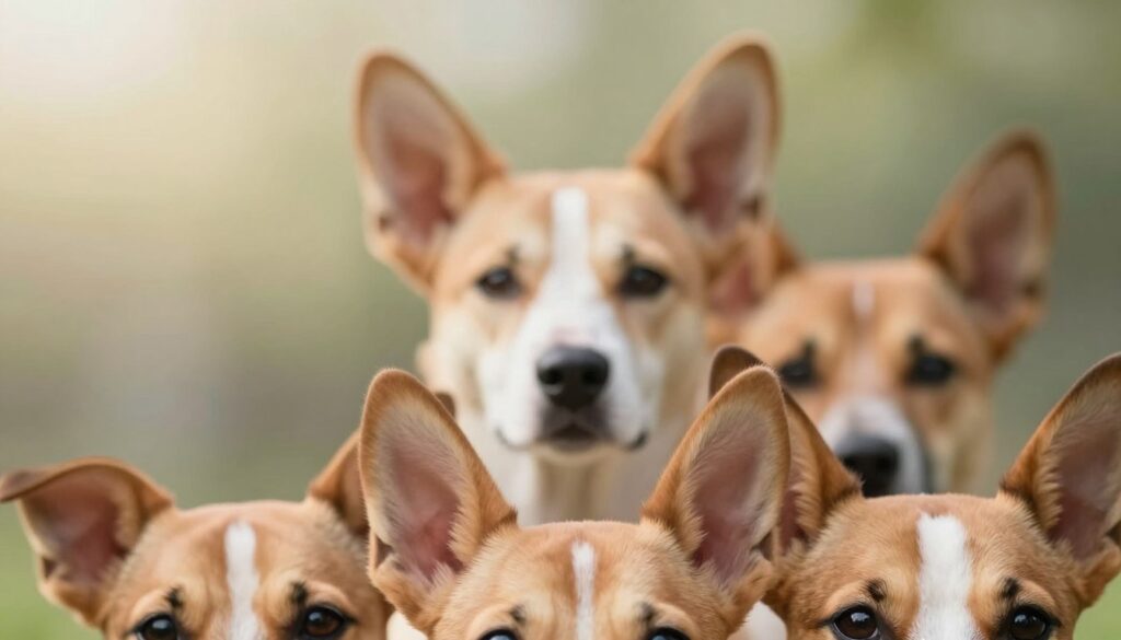 A close-up view of dog ears showcasing distinct anatomical features associated with various breeds. The foreground highlights a variety of ear shapes, such as floppy, erect, and semi-erect, emphasizing their structural differences. The middle ground presents a soft, blurred image of a dog's head in a natural, playful pose, with the ears prominently displayed. A softly lit atmosphere bathes the scene, creating a warm and inviting mood, perfect for an educational context. The background is a gentle gradient of natural colors, enhancing the focus on the dog’s ears without distractions. The lighting is soft and diffused, mimicking natural daylight, with a slightly blurred bokeh effect behind the dog to draw attention to the anatomy of the ears.
