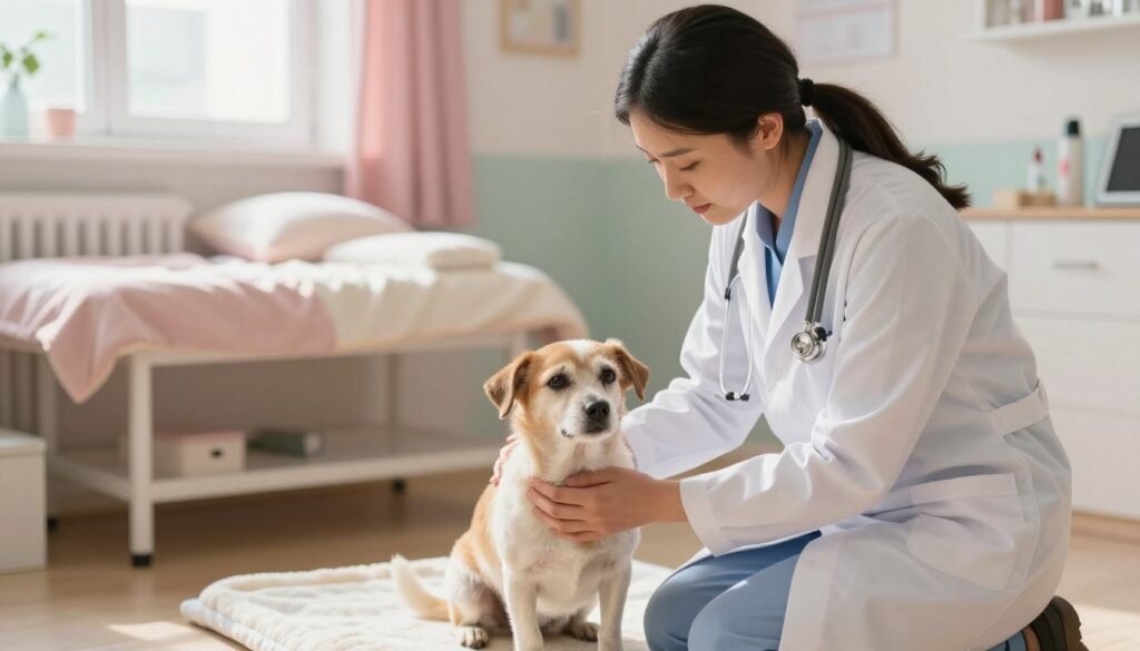 A compassionate veterinarian gently examines a small, aging dog in a softly lit clinic room, symbolizing the essence of palliative care. In the foreground, the veterinarian, dressed in a professional lab coat, kneels beside the dog, offering warmth and reassurance. The dog's tired eyes reflect trust and comfort. In the middle ground, a cozy examination table is adorned with soft blankets, while a few medical tools are neatly organized nearby. The background features a serene environment with pastel-colored walls and soothing sunlight filtering through a window, creating an atmosphere of peace and tranquility. The focus is on the connection between the veterinarian and the pet, capturing a moment of deep empathy and care in the final stages of life.