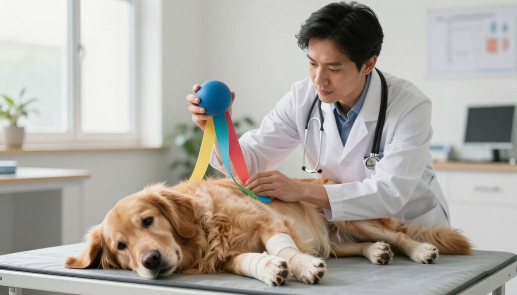 A compassionate veterinarian in a white coat gently examines a golden retriever recovering from a stroke, showcasing the methods of treatment and rehabilitation. The foreground features the dog lying comfortably on a padded mat, with supportive bandages on its limbs, highlighting its fragile yet hopeful state. In the middle ground, the veterinarian's focused expression conveys deep care and professionalism, while holding up rehabilitation tools like a balance ball and gentle therapy bands. The background includes a well-lit clinic, with soft, natural lighting flowing through windows, emphasizing an atmosphere of healing and support. A serene indoor setting adds to the comforting mood, reinforcing the importance of care and attention in the recovery process. A compassionate veterinarian in a white coat gently examines a golden retriever recovering from a stroke, showcasing the methods of treatment and rehabilitation. The foreground features the dog lying comfortably on a padded mat, with supportive bandages on its limbs, highlighting its fragile yet hopeful state. In the middle ground, the veterinarian's focused expression conveys deep care and professionalism, while holding up rehabilitation tools like a balance ball and gentle therapy bands. The background includes a well-lit clinic, with soft, natural lighting flowing through windows, emphasizing an atmosphere of healing and support. A serene indoor setting adds to the comforting mood, reinforcing the importance of care and attention in the recovery process.
