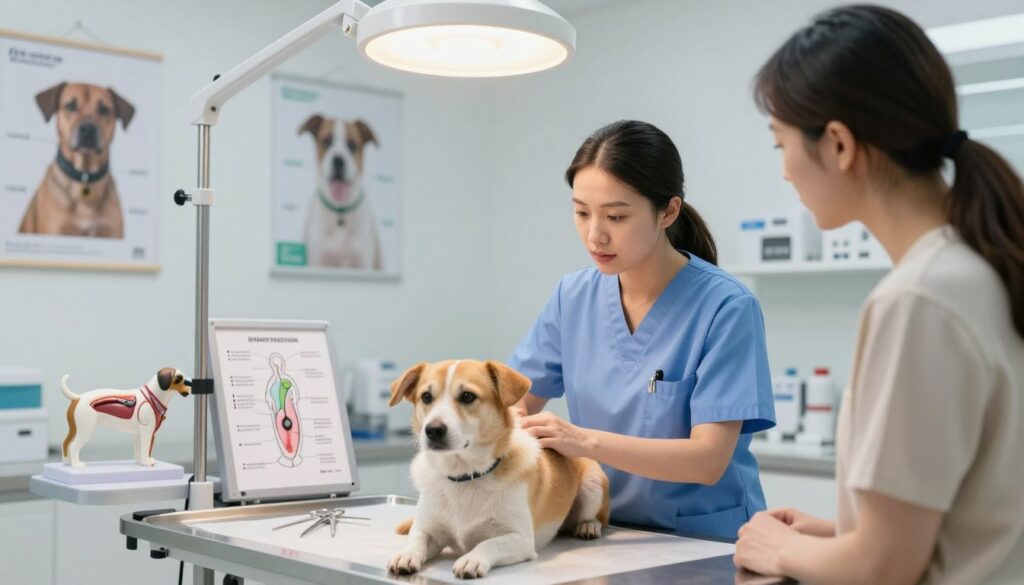 A composed veterinary scene in a modern clinic, focusing on a female veterinarian in professional scrubs, attentively discussing the procedure of spaying with a concerned dog owner. The foreground features a healthy dog on an examination table, calm under bright, soothing overhead lights. In the middle background, surgical instruments and a diagram illustrating the spay procedure are neatly arranged, conveying a sense of professionalism. The walls are adorned with pet care posters, and an anatomical model of a dog's reproductive system is displayed. Soft, natural lighting creates a compassionate atmosphere, emphasizing the importance of the treatment method amidst the sterile, clinical environment, reflecting hope and care for the pets' health.