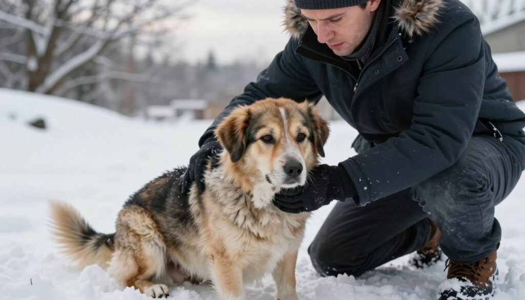 A concerned dog owner, dressed in a warm winter coat, kneels beside a shivering dog, highlighting the breed's characteristic features, such as a fluffy coat and expressive eyes. The dog's posture indicates discomfort, with lowered ears and a tucked tail, illustrating signs of hypothermia. The scene is set in a snowy outdoor environment, with soft, diffused daylight filtering through overcast clouds, creating a somber yet empathetic mood. In the background, snow-covered trees and a gentle slope add context, emphasizing the cold climate. The composition is close-up, focusing on the interaction between the owner and the dog, capturing the owner's caring expression while addressing the urgency of pet safety in frigid conditions.