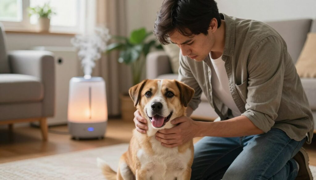 A concerned dog owner gently examines their coughing dog in a cozy living room filled with pet accessories and environmental factors that may contribute to respiratory issues. In the foreground, the dog is a medium-sized breed, showing signs of discomfort with its tongue slightly out and eyes wide, conveying worry. The owner, wearing casual yet tidy clothing, kneels beside the dog, looking closely at it, reflecting empathy and care. In the middle background, you can see a humidifier, an air purifier, and some plants, illustrating potential environmental contributors like allergens. Soft, natural lighting filters through a window, casting warm glows, creating an atmosphere of concern mixed with a peaceful home environment. The angle captures both the owner and the dog intimately, focusing on their interaction while highlighting the surroundings that influence the dog's health.