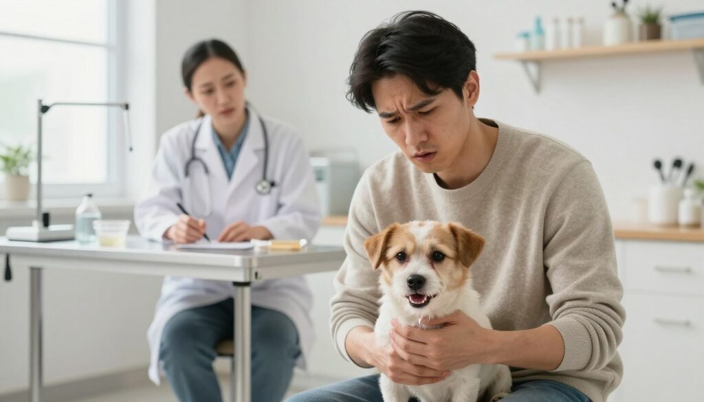 A concerned dog owner is sitting in a veterinary clinic, looking worried as they hold a small dog with visible symptoms of katar. The foreground features the owner’s anxious expression and their dog, which has a water drippy nose and is sneezing softly. In the middle, the vet’s examination table is equipped with medical tools and a background of a clean, well-organized veterinary room, with bright, soft lighting that creates a warm atmosphere. The owner is casually dressed in a comfortable sweater, conveying concern for their pet’s health. The focus is on the interaction between the owner and the dog, highlighting the bond and urgency to see a vet, providing a clear narrative without any distractions.